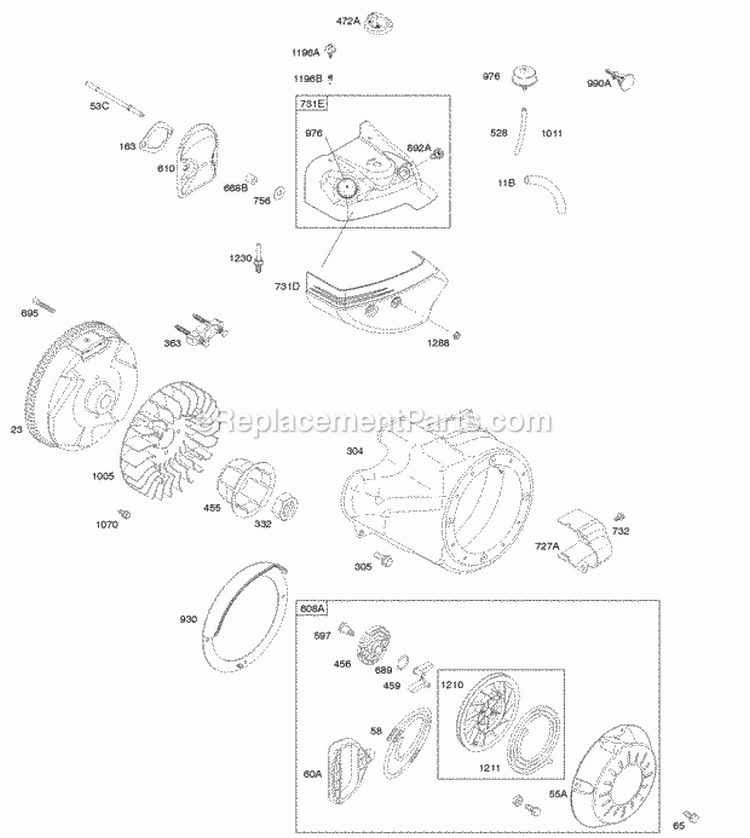 Blower HousingShrouds Flywheel Rewind Starter Diagram and Parts List for 20P414-0021-E1  Briggs and Stratton Engine